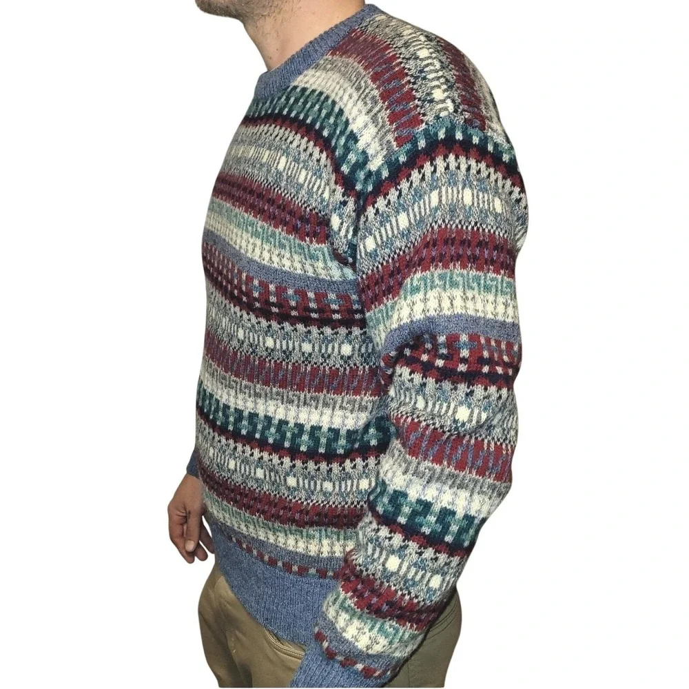 Vintage Amana Mens Blue Fair Isle Academia Teacher 100% Wool Crewneck Sweater  M